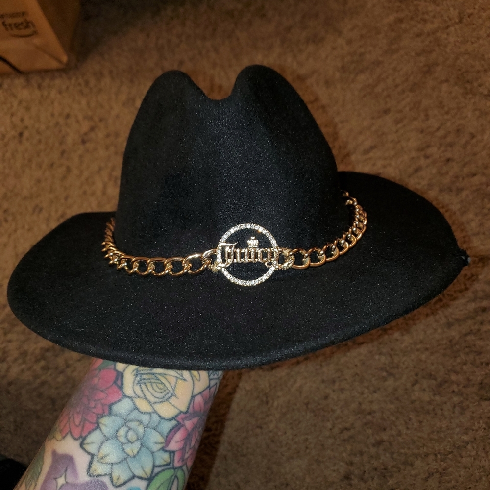 Juicy Couture Black Cowboy Hat w/ Gold Chain & Blinged Out Juicy Couture Symbol